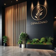 the entrance to genazno is decorated with wood slats and plants in pots