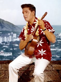 a man sitting on top of a stone wall holding a ukulele in his right hand