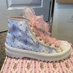 Brand New With Tags Nwt Never Worn. Loveshackfancy X Superga Collaboration 2341 Alpine Lsf Multiflower Stripes Organza Dreamy Days Women’s Size 7.5. Blue Floral And Pink Tulle Laces. Includes Original Shoe Box, Mini Tote Bag, And Extra Laces. Originally $169. Completely Sold Out And Discontinued. Canvas And Organza Upper Cotton Lining Rubber Sole 1.5” Heel Height Imported Style #S1151rw Superga High Top, Pastel Sneakers, Dream Shoe, Creative Creations, Superga Shoes, Floral Shoes, Danish Pastel, Online Closet, Custom Kids