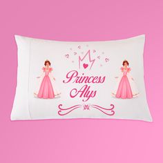 a pillow with princesses on it and the words princess ally written in pink letters