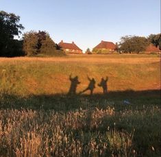 two people are standing in the middle of a field with their shadows on the grass