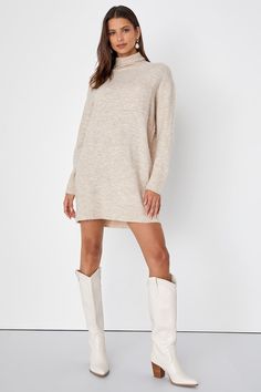 Prepare to be the cutest (and warmest) babe of the season in the Lulus Positively Charming Heather Beige Turtleneck Mini Sweater Dress! Soft brushed sweater knit shapes this cozy dress that features a chic turtleneck framed by long sleeves with drop shoulders. The relaxed, shift silhouette boasts a front patch pocket before it falls to a cute mini hem that pairs perfectly with your favorite knee-high boots. Ribbed knit accents the neckline, cuffs, and hem. Fit: This garment fits true to size. Le Tan Sweater Dress Outfit, Winter Engagement Outfits, Sweater Dress And Boots, Long Sleeve Fall Dress, Mini Dress With Boots, Sweater Dress With Boots, Movie Core, Beige Turtleneck, Oversized Sweater Dress