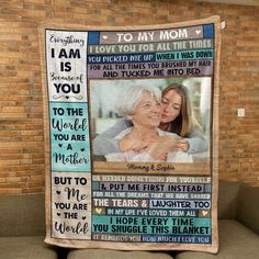 a blanket with an image of two women hugging each other and the words to my mom on it