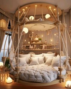 a bed with white pillows and lights hanging from it's sides in front of a window