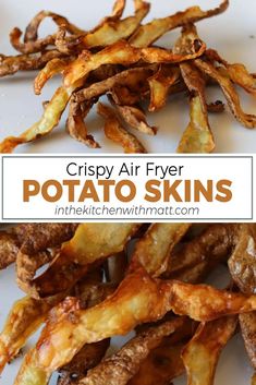 crispy air fryer potato skins on a white plate with text overlay