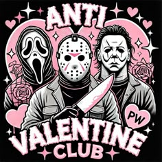 two people wearing masks and holding a knife with the words anti valentine club on it