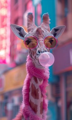 a giraffe wearing sunglasses and a pink scarf with a bubble in it's mouth