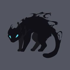 a black cat with glowing blue eyes on a gray background is standing in the dark