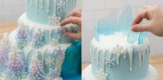 someone is decorating a frosted cake with icing and snowflakes on it