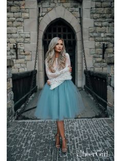 Two Piece Homecoming Dresses See Through Long Sleeve Lace Homecoming Dress ARD1434-SheerGirl Tulle Skirt Christmas Outfit, Garden Prom Dresses, Skirt Christmas Outfit, Long Sleeve Homecoming Dress, Ivory Lace Top, Light Blue Skirts, Puffy Skirt, Tulle Homecoming Dress, Homecoming Dresses Tight