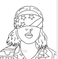 a black and white drawing of a woman with stars on her head, wearing a bandana