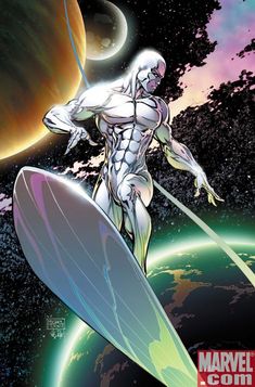 the silver surfer is surfing in space