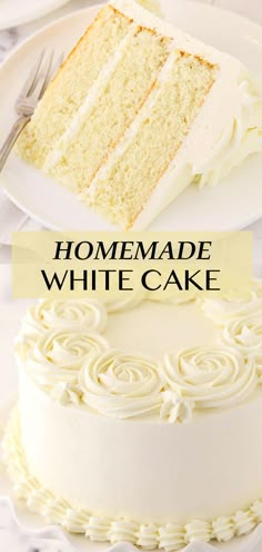 a close up of a slice of cake on a plate with the words homemade white cake