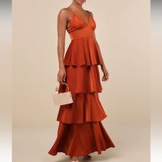 Nwt Never Worn Open To Offers Terra Cotta Bridesmaid Dresses, Mexico Wedding Guest Dress, Orange Bridesmaids Dresses, Copper Bridesmaid Dresses, Tiered Gown, Rust Bridesmaid Dress, Copper Dress, Maxi Dress Wedding Guest, Lulu Fashion