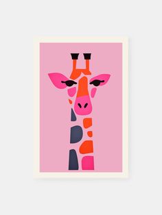 a giraffe's face is shown on a pink background