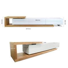 two white and wood shelves with measurements for each shelf