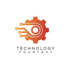 the logo for technology your text is orange and has an image of a gearwheel on it