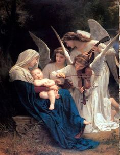 an image of a woman playing violin with angels