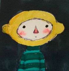 a child's drawing of a person wearing a green and blue striped shirt with a yellow hat