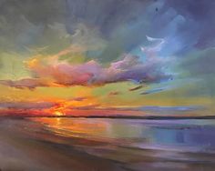 an oil painting of a sunset over the ocean