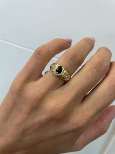 Vintage Sapphire Ring - 0.4CT Oval Natural Sapphire, 18k Yellow Gold, Estate Ring, Antique jewelry, Diamond Pave Ring, gold vintage ring Jewelry Yellow Gold 18k  (the gold has been tested by a professional) Total Carat Weight: 0.6ct (Approx.) Total Metal Weight: 4.35g Size:6.25 US  / Diameter 16.71 mm (inner diameter) Luxury Gold Sapphire Ring In Recycled Gold, Luxury Gold Sapphire Ring With Recycled Gold, Vintage Thick Band Engagement Ring, Cognac Engagement Ring, Gold Oval Cabochon Sapphire Ring For Formal Occasions, Gold Sapphire Ring With Oval Cabochon For Formal Events, Formal Gold Oval Cabochon Sapphire Ring, Formal Gold Sapphire Ring With Oval Cabochon, Classic 14k Gold Sapphire Oval Cabochon Ring