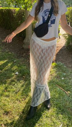 White Sheer Skirt Outfit, Sheer Summer Outfit, White Sheer Skirt, Sheer Skirt Festival Outfit, Long Skirt Rave Outfit, Sheer Lace Maxi Skirt, Sheer Festival Outfit, Lace Dress Festival Outfit, Brandy Melville Maxi Skirt