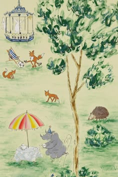 children's drawing of animals playing in the grass under a tree with an umbrella