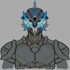 a stylized image of a robot suit with blue eyes and large wings on his head