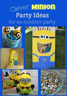 the minions party ideas for an outdoor party with pictures of minion characters and decorations