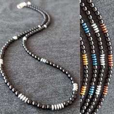 - 2024 Creation Handcrafted Minimalist Onyx and Hematite Necklace - Details used in our necklace; 1 - Onyx : 4mm 2 - Hematite (Silver, Gold, Copper, Blue) : 4mm 3 - Stainless Steel Lobster Clasp 4 - Extra Durable Stainless Steel Wire - - - The Choker You See in the Pictures is 18 inches. Step into the realm of timeless elegance with our exquisite Onyx Necklace adorned with Silver Hematite, a mesmerizing fusion of sophistication and natural beauty. Handcrafted with precision and care, each neckla Black Hematite Beaded Necklaces With Round Beads, Manly Necklace, Masculine Necklace, Beaded Necklace For Men, Present For Boyfriend, Masculine Jewelry, Western Grunge, Beaded Items, Mens Beaded Necklaces