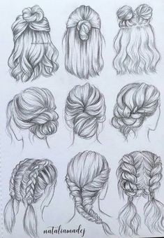 a bunch of different hairstyles drawn in pencil