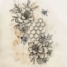 a tattoo design with flowers and bees on it