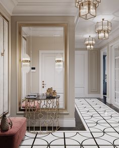 an elegant hallway with chandelier, mirror and pink bench in the center surrounded by black and white floor tiles