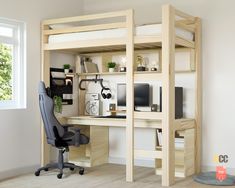 a loft bed with desk and chair in the corner, next to an open window