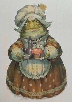 a painting of a frog dressed as a teapot