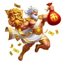 an image of a greek god with money coming out of his hand and holding a bag