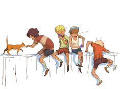 three boys and a cat are sitting on a ledge with their backs to each other