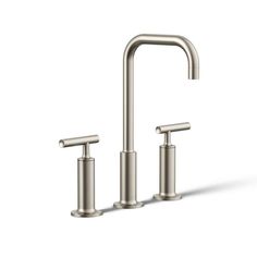 two faucets in brushed steel with handles and nozzles on the sides