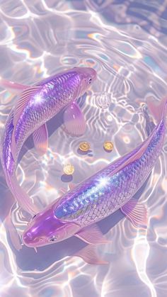 two purple fish swimming in the water with gold coins floating around their backs and tails