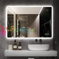 a modern bathroom with musical notes in the mirror