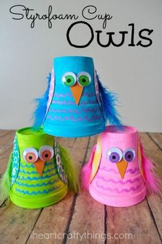 three paper cups decorated with colorful owls on top of a wooden table and text overlay that says how to make styrofoam cup owls