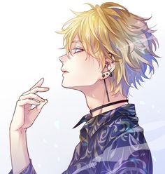 an anime character with blonde hair and piercings holding his finger up to his ear