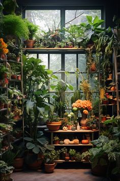 a room filled with lots of different types of plants and potted plants on shelves