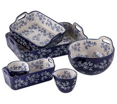 an assortment of blue and white dishes