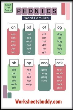 the phonics word families worksheet is shown in this graphic style, and includes