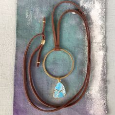 New Handcrafted Necklace Adjustable To 30” Brown Genuine Leather Soft Deerskin Cord Blue Turquoise Gold Plated Pendant Approx 20-15mm Antique Gold Tone Brass Circle 1.5” Diameter Handcrafted In California, Not Associated With Sundance Catalog Brand Bundle Up And Save Even More 10% Please Review My Other Handcrafted Unique Jewelry On Sale Fast Shipping Everyday Bohemian Turquoise Necklace, Adjustable Brown Turquoise Bohemian Necklace, Handmade Adjustable Brown Turquoise Necklace, Adjustable Turquoise Necklace For Everyday, Blue Bohemian Necklaces For Everyday Use, Bohemian Blue Necklaces For Everyday Use, Bohemian Brown Necklace For Everyday Use, Bohemian Blue Jewelry For Everyday Use, Handmade Turquoise Necklaces For Everyday Use