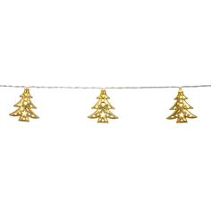 three gold christmas trees are hanging on a string