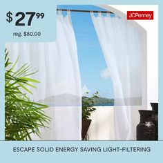 a window with white curtains and the words escape sold energy saving light - filtering $ 27 99 reg $ 80 00