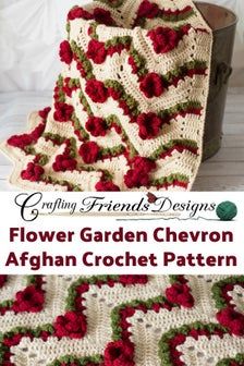 a crocheted afghan with red flowers on it and the words, flower garden chevron afghan crochet pattern