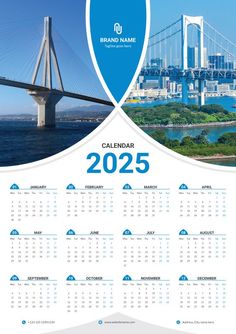 a blue and white calendar with a bridge in the background